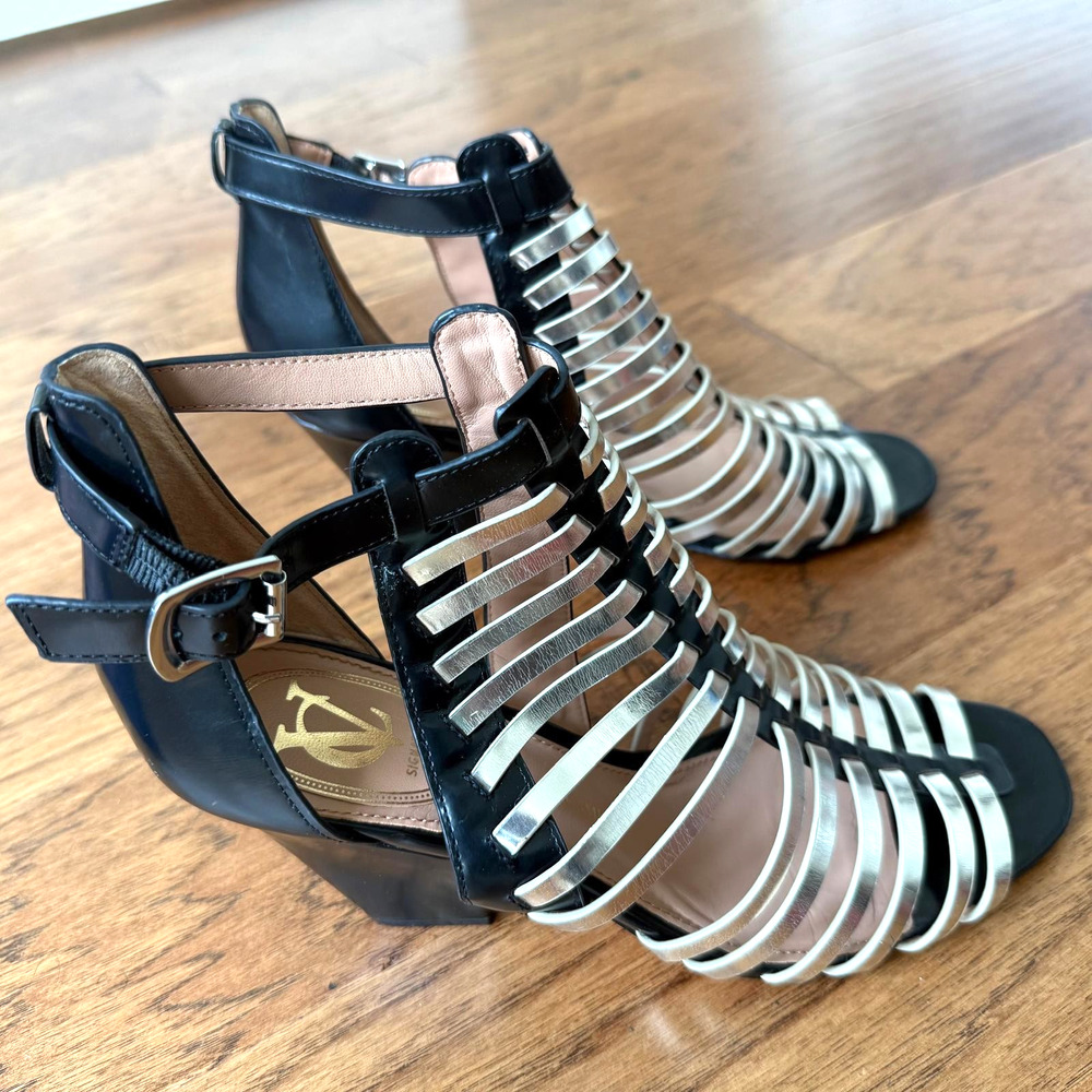 Vince Camuto Black & Gold Champagne Greta Caged Heel Sandals Sz 9.5M $130